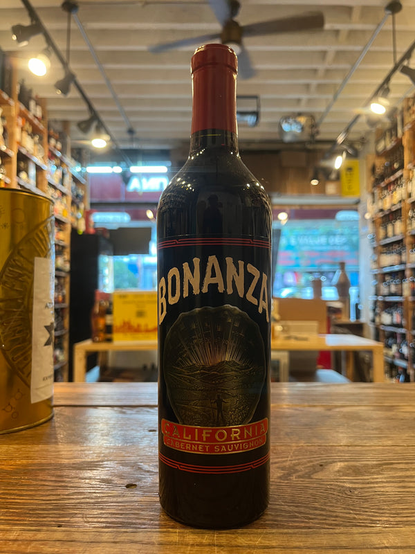 Bonanza Cabernet Sauvignon Tall Slender Black Bottle with white and red Lettering 