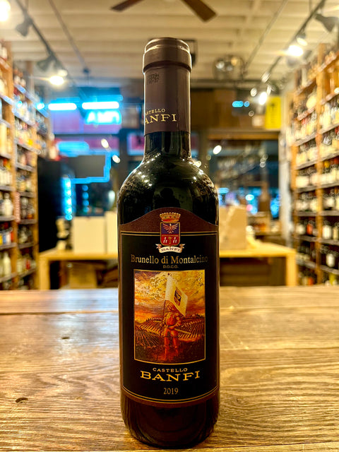 Banfi Brunello di Montalcino 375ml small slender black bottle with high shoulders and image of man holding a flag