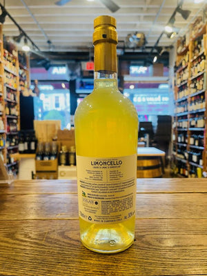 Paolina Limoncello Liquore di Limone di Sorrento 750mL the backside of a tall clear glass bottle with a beige label and a golden top