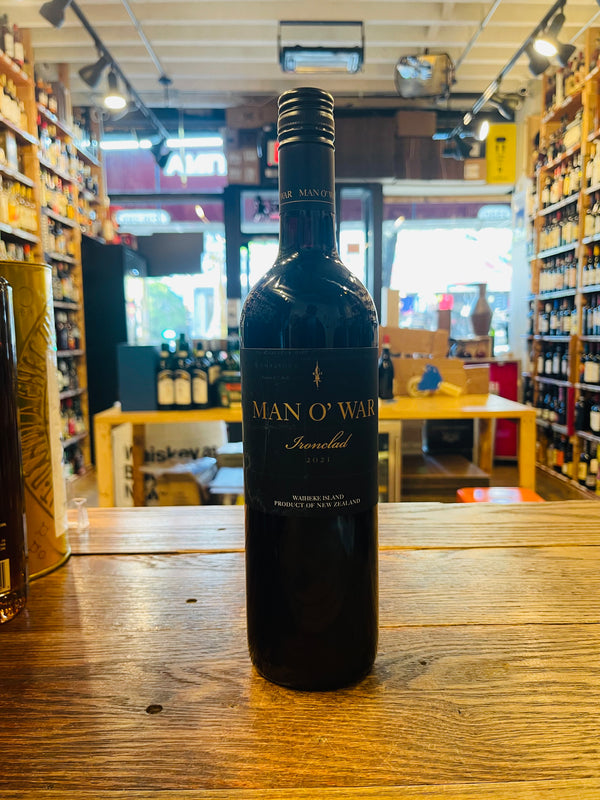 Man O' War Ironclad Bordeaux Blend 750mL a dark glass wine bottle with a black label and black top