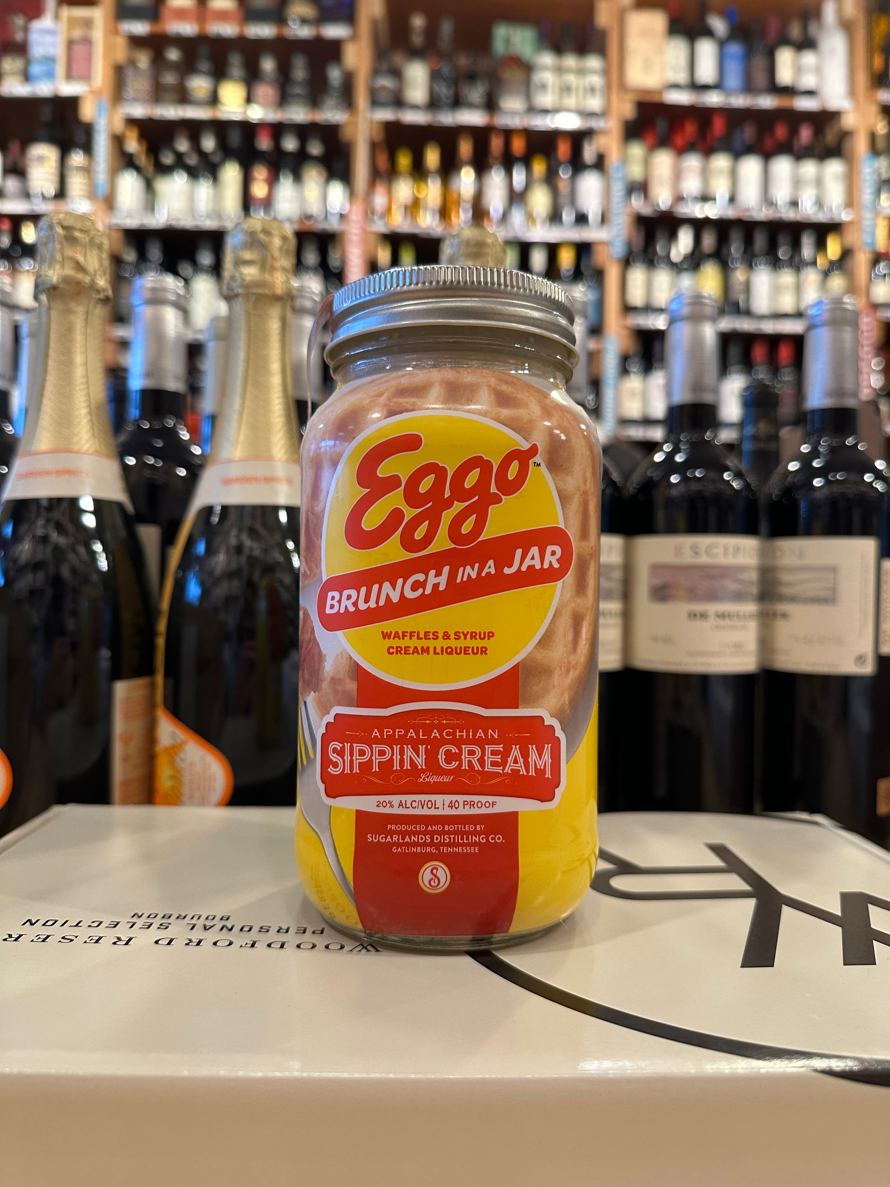 Eggo Brunch in a Jar Appalachian Sippin’ Cream 750mL a mason jar shaped clear glass with a yellow and red label
