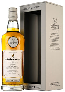 Gordon & MacPhail Linkwood 15 Year Old - Distillery Labels a tall clear bottle with a white label and white top next to a tall open face white box