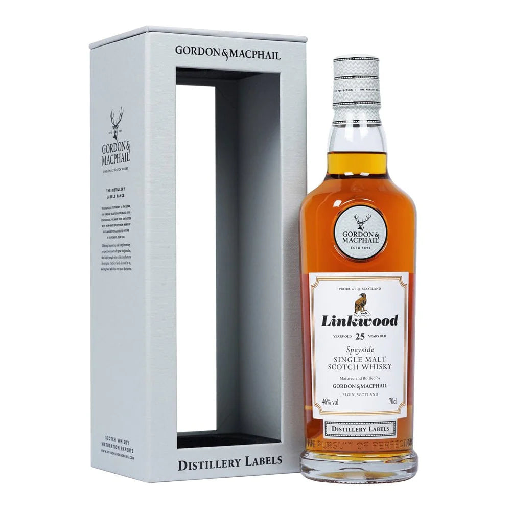 Gordon & MacPhail Linkwood 25 Year Old 750mL a tall open faced white box next to a tall clear bottle with a white label and white top
