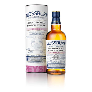 Mossburn Speyside Blended Scotch Whiskey 750mL a tall tin cylinder white in color next to a stubby clear glass bottle with a white label and blue top