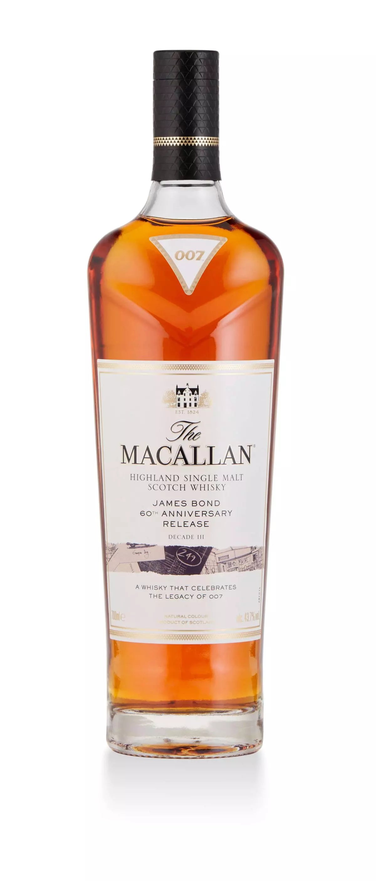 Macallan James Bond 60th Anniversary Release Decade III 700ml a tall clear glass bottle with a white label and black top