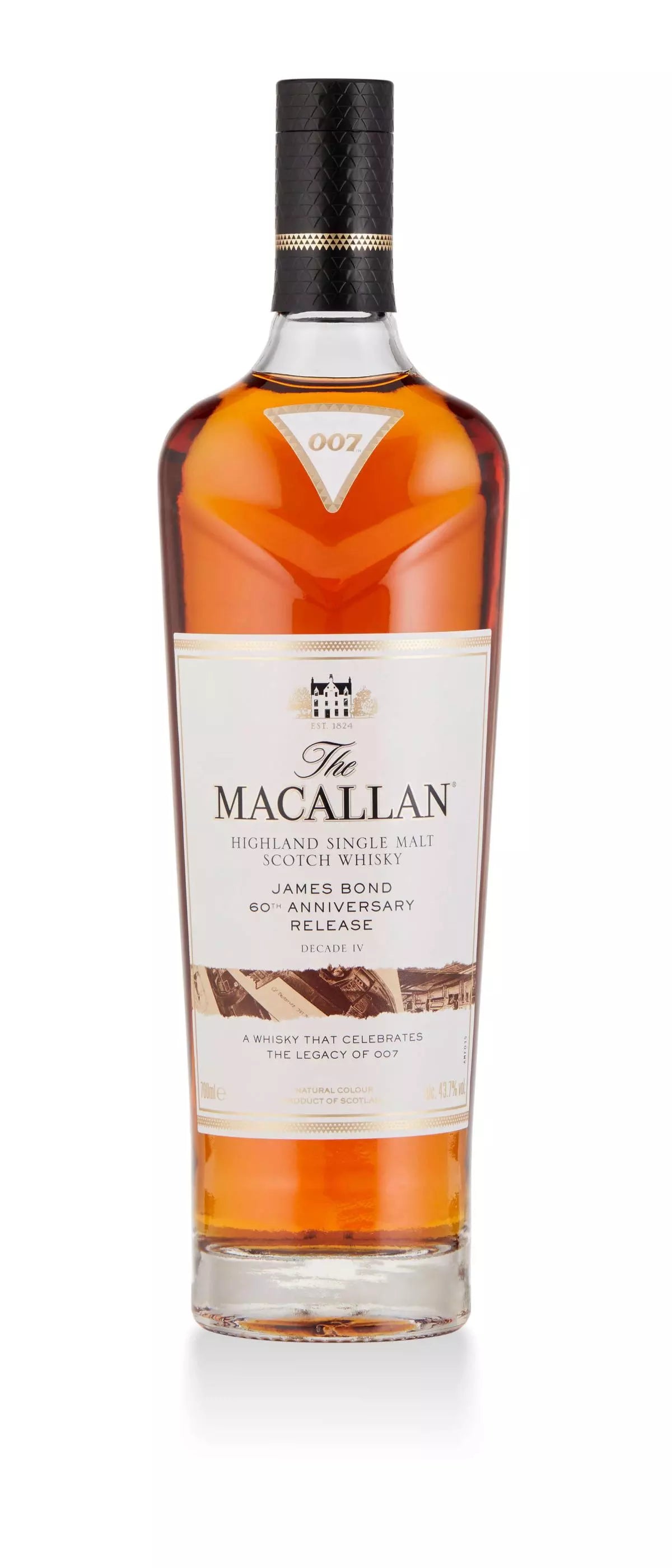 Macallan James Bond 60th Anniversary Release Decade IV 700ml a tall clear glass bottle with a white label and black top
