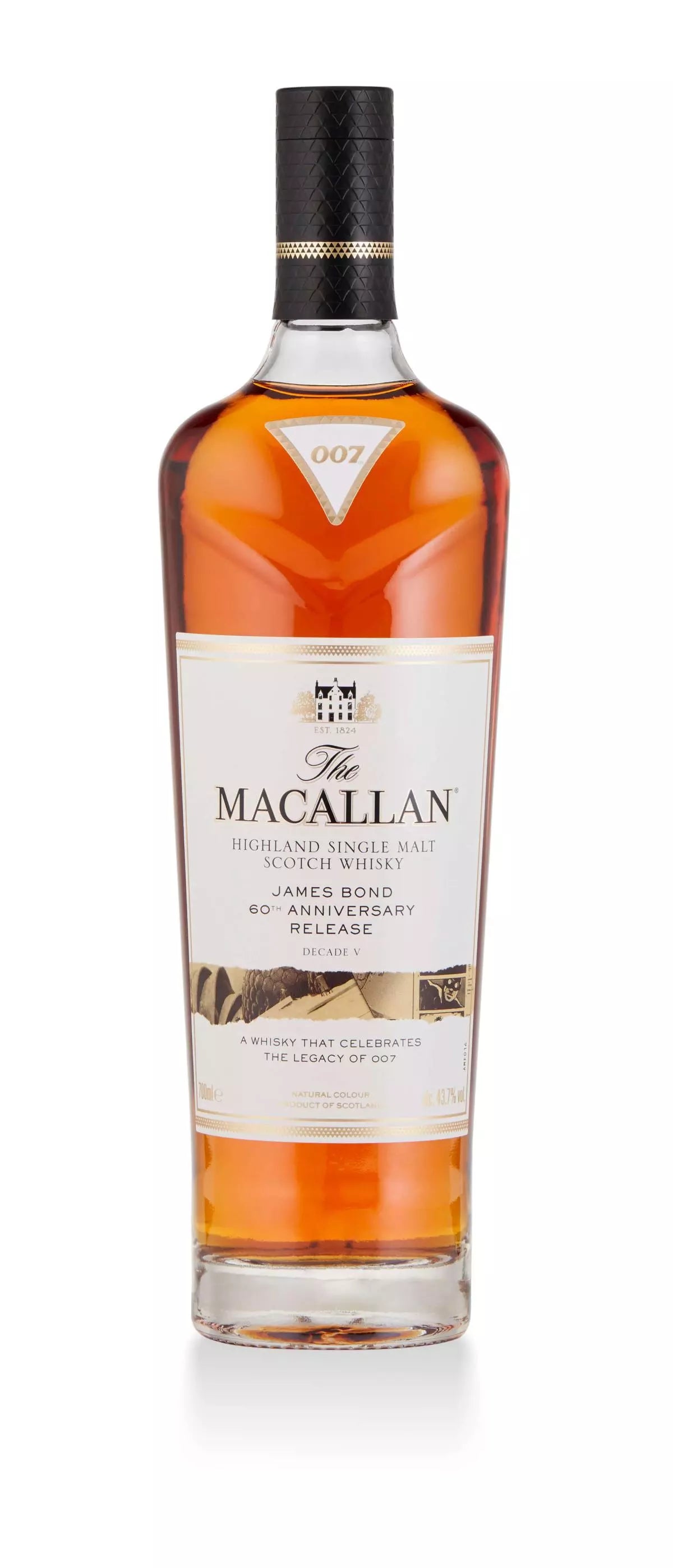 Macallan James Bond 60th Anniversary Release Decade V 700ml a tall clear glass bottle with a white label and black top