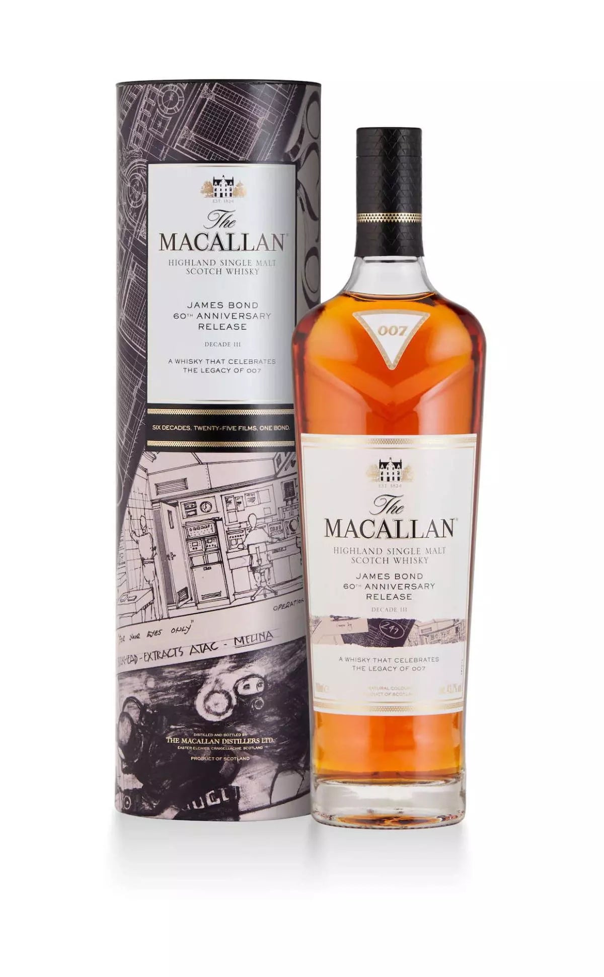 Macallan James Bond 60th Anniversary Release Decade III 700ml a tall blueish gray cylinder with a white label next to a tall clear glass bottle with a white label and a black top