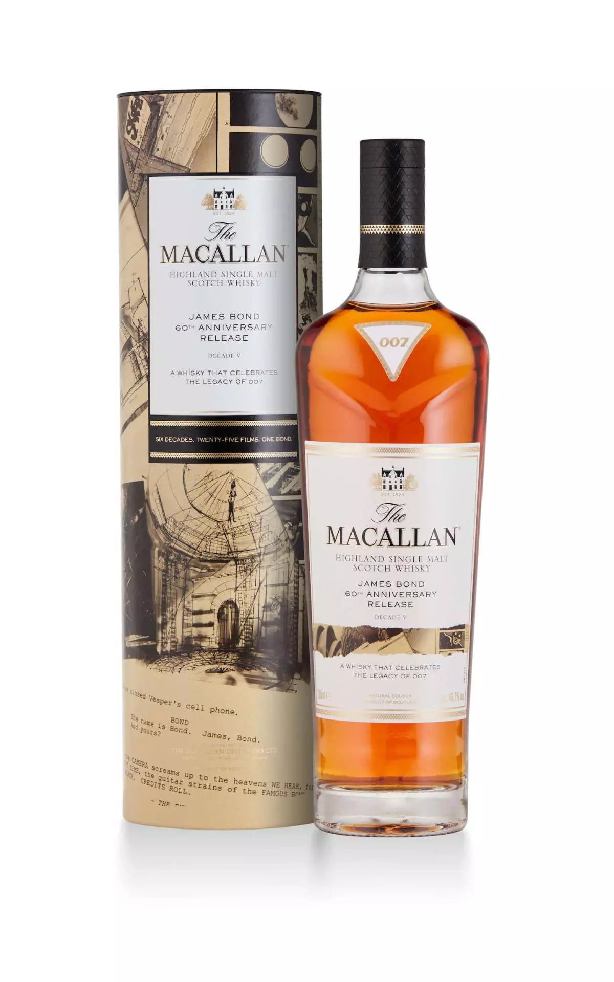 Macallan James Bond 60th Anniversary Release Decade V 700ml a tall beige cylinder next to a tall clear glass bottle with a white label and black top