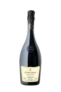 Medici Ermete Concerto Lambrusco Reggiano 750mL dark glass champagne shaped bottle with a beige label and a black top
