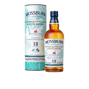 Mossburn Speyside 12yr Blended Scotch Foursquare Rum a tall tin cylinder white and blue in color next to a stubby clear glass bottle with a white label and blue top