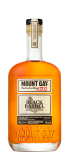 Mount Gay Black Barrel Rum Double Cask 750mL a flat surfaced round shouldered clear glass bottle with a beige label and a black top