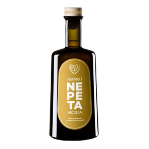 Nepeta Amaro 750mL a brown clear glass bottle with a slender neck and golden label with a wooden top