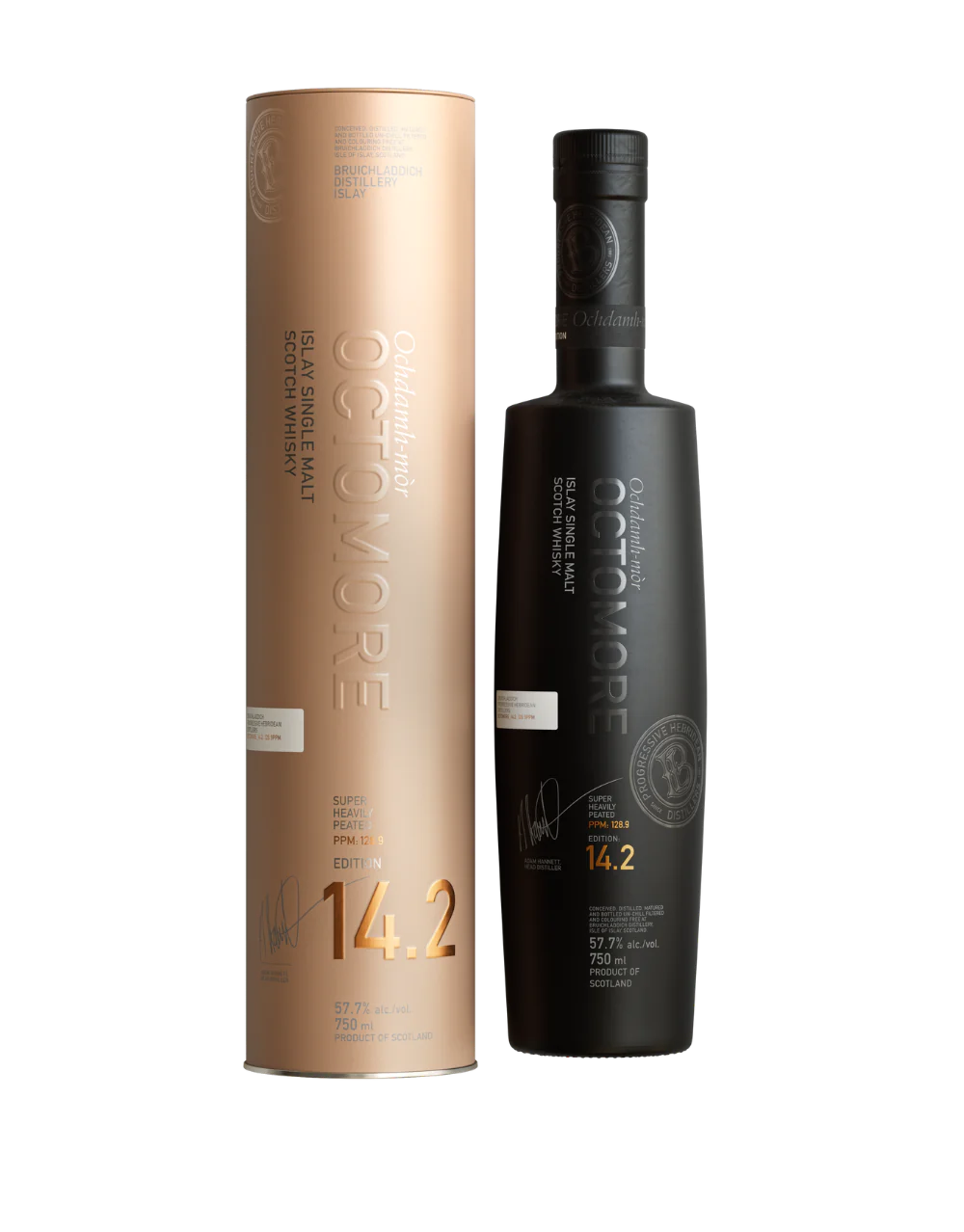 Octomore 14.2 750mL a tall rose gold color tin cylinder next to a tall slender round shouldered black glass bottle