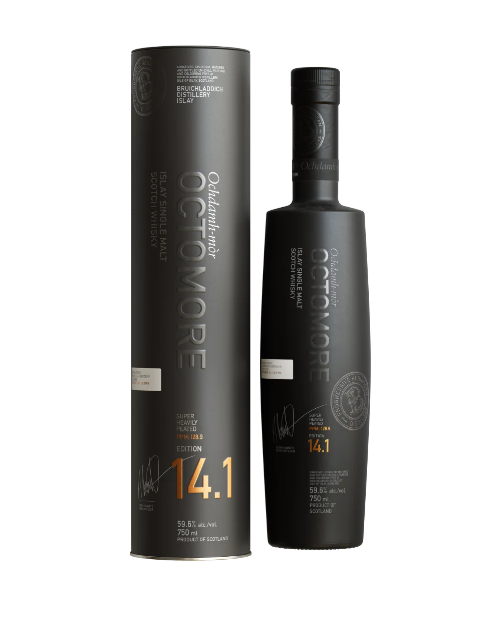 Octomore 14.1 750mL a tall dark gray tin cylinder next to a tall rounded shouldered slender black glass bottle 