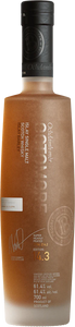 Octomore 14.3 750mL a tall high round shouldered frosted glass bottle with a black top