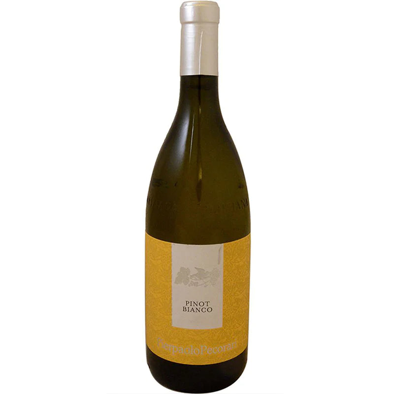 Pierpaolo Pecorari Pinot Bianco 750mL a dark straw colored glass wine bottle with a yellow label and silver top[