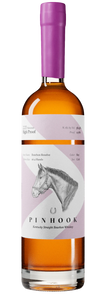 Pinhook 2023 High Proof Bourbon 750mL a tall clear glass bottle with a long neck and a white and pink label with the image of a horse head on it and a purple wax top