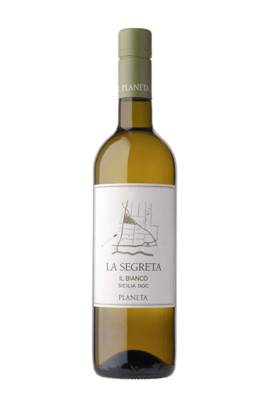 Planeta La Segreta il Bianco 750mL a straw colored clear glass wine bottle with a white label and earth green top