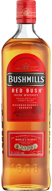 Bushmills Red Bush 750mL tall slender squared clear glass bottle with red labeling and a red top