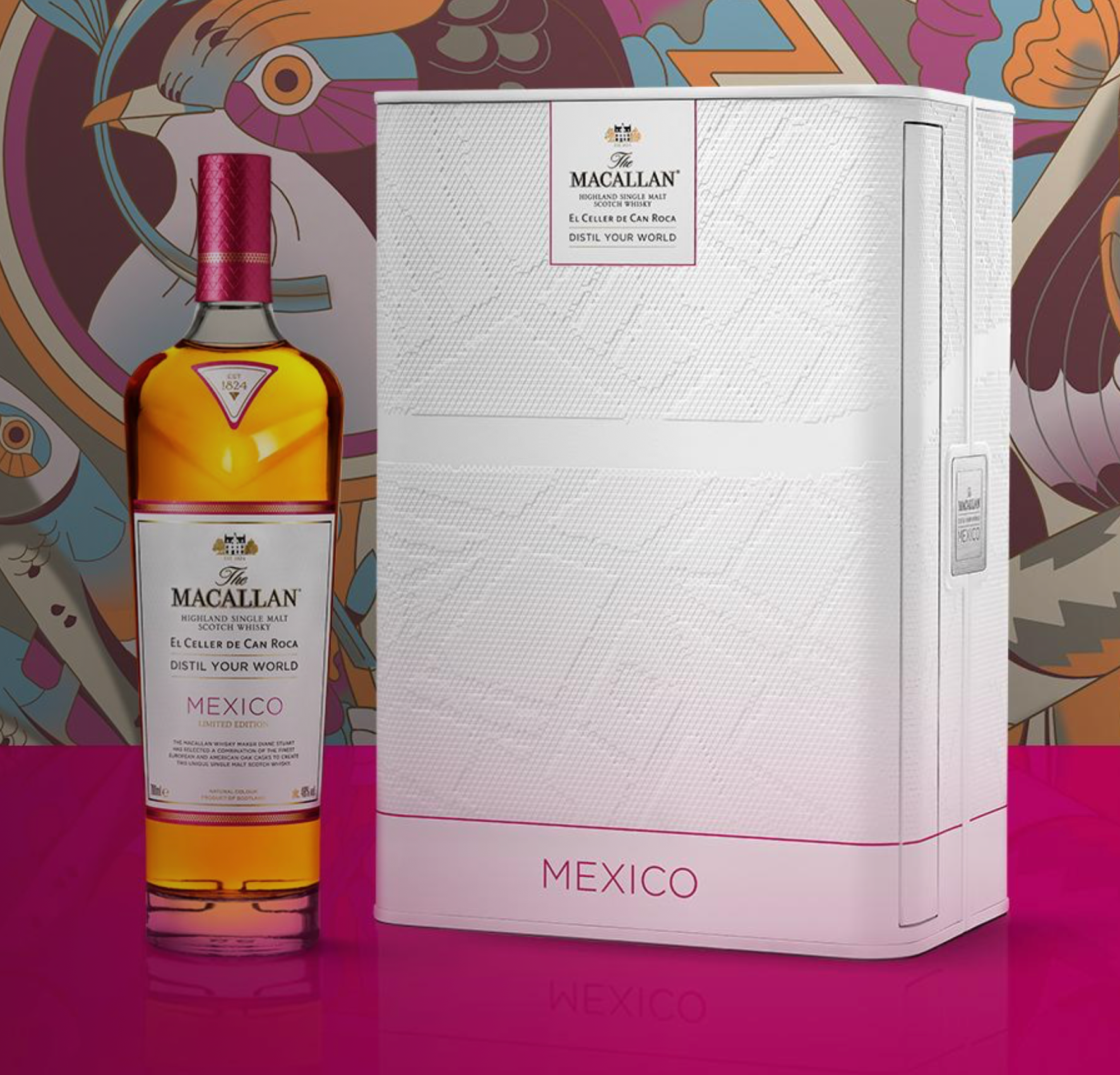 Macallan Mexico Limited Edition El Celler De Can Roca Distil Your World 700mL a clear tall bottle with a white label and purple top next to a big white case