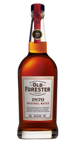 Old Forester 1870 750mL a high round shouldered clear glass bottle with a white label and red label top