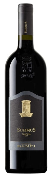 Castello Banfi Summus 750mL a dark slender bottle with a black label and gold lettering 
