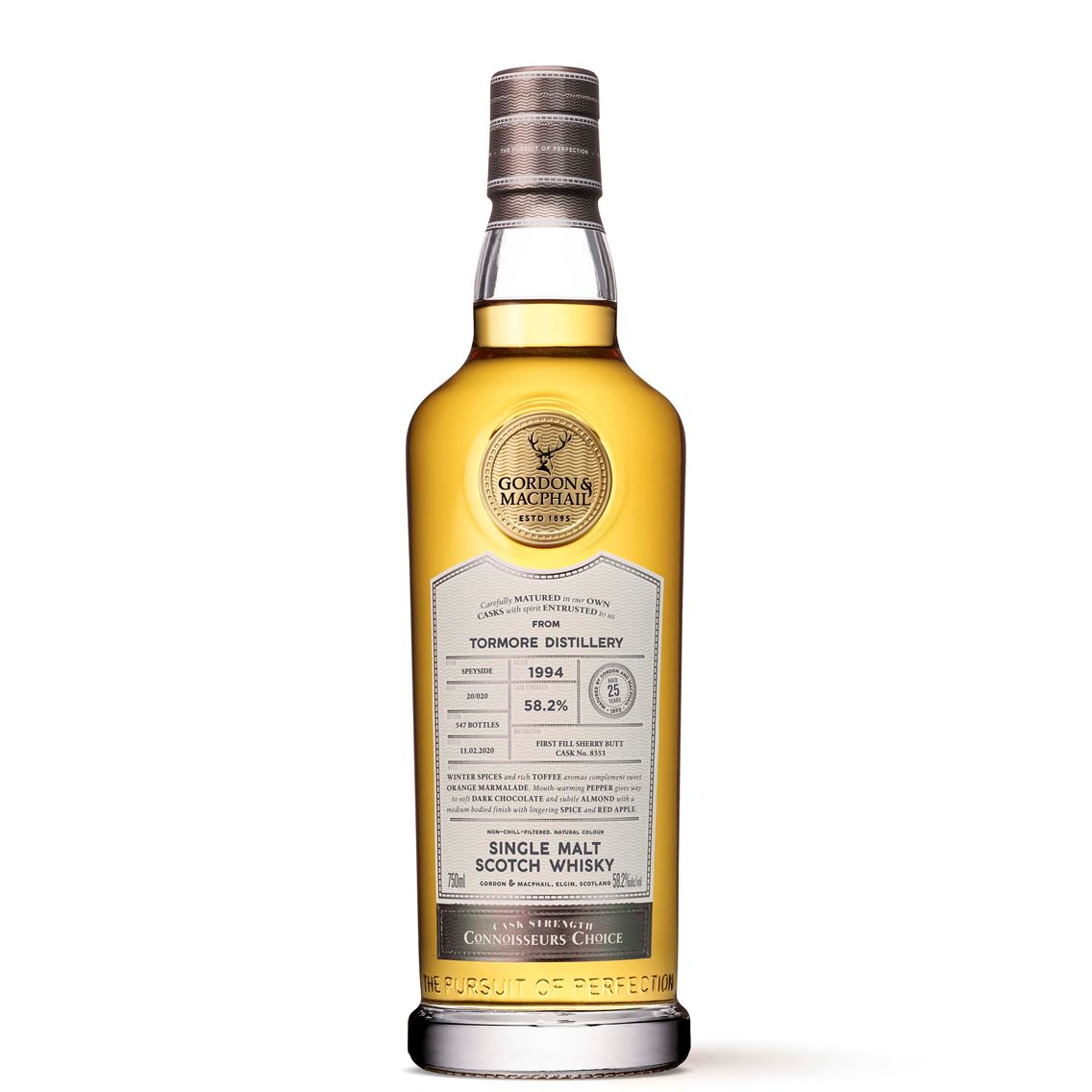 Gordon & MacPhail Tormore Distillery 1994 Connoisseurs Choice 750mL a tall clear bottle with a white label and golden emblem and silver top