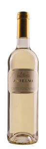 Anselmi Capitel Foscarino 750mL tall slender clear glass wine bottle with a gold label and a golden top