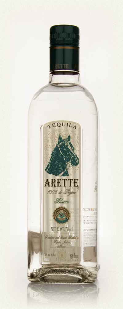 Arette Blanco 1L a tall squared clear glass bottle with a beige label with the image of a horse head on it with a green top
