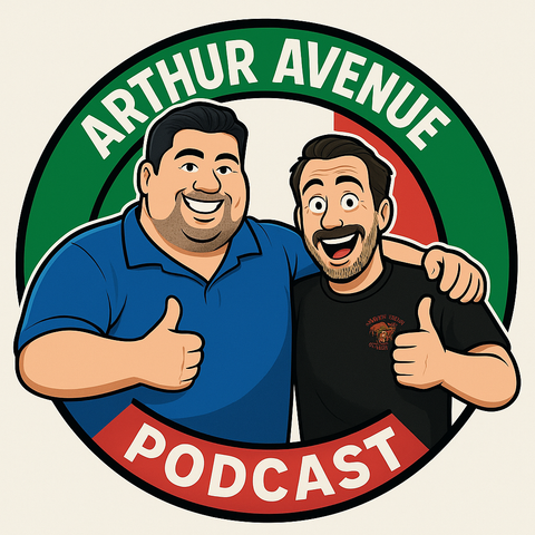 Logo for Arthur Avenue Podcast featuring two cartoon characters giving thumbs up.