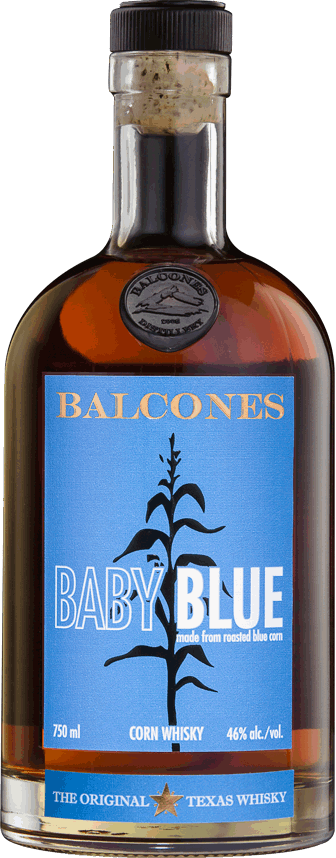 Balcones Baby Blue Corn Whisky 750mL stubby squat bottle with a blue label 