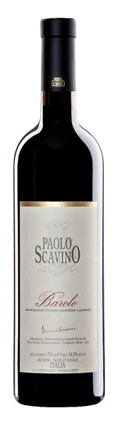 Paolo Scavino Barolo 750ml a tall dark glass wine bottle with a large white label and black top