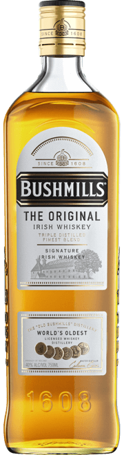 Bushmills Original 750mL tall slender squared clear glass bottle with white labeling and a golden top