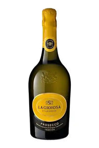 La Gioiosa Prosecco Treviso DOC 750mL rounded champagne dark glass bottle with a yellow label and yellow top