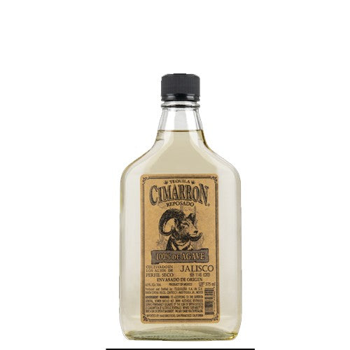 Cimarron Blanco Tequila 375mL a clear glass flask shaped bottle with a beige label with a ram's head on it with a black top