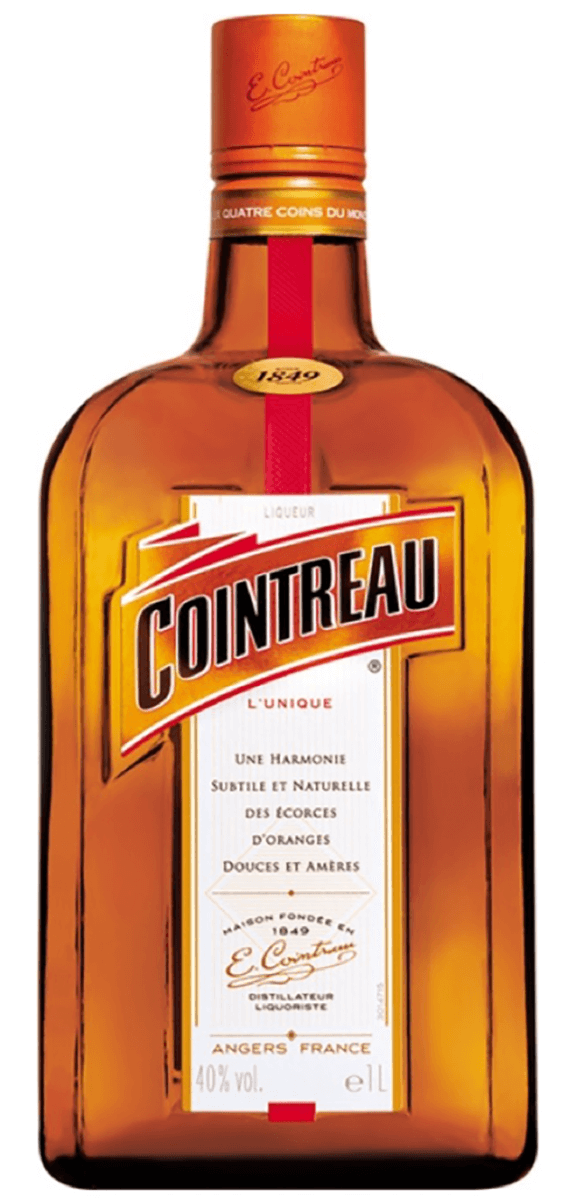 Cointreau 1L a squat squared brown glass bottle with a white label and an orange top