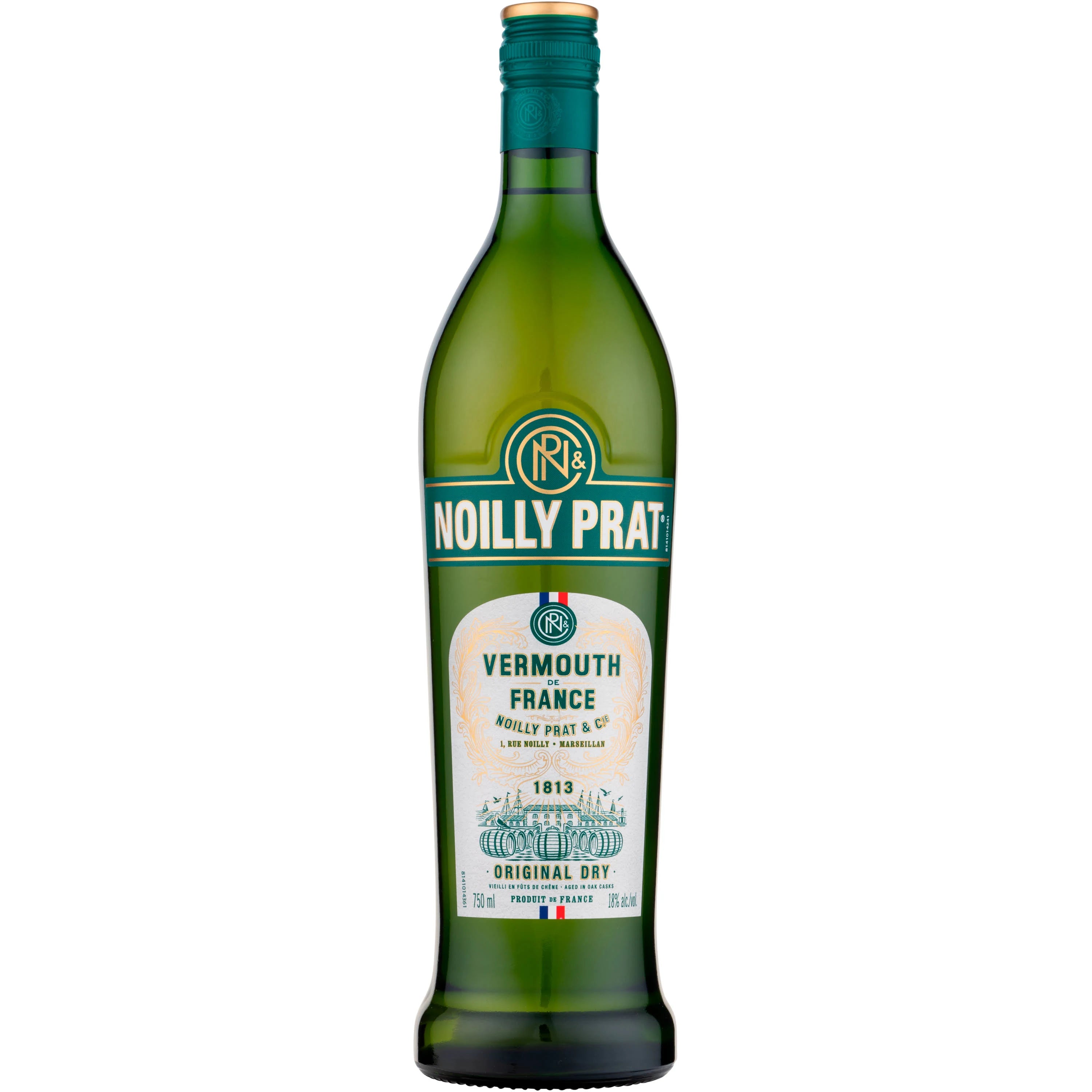 Noilly Prat Vermouth De France Original Dry 1L a tall elegantly shaped green glass bottle with a white and green label and green gold top