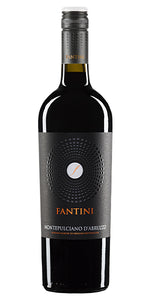 Fantini Montepulciano D'Abruzzo 750mL a tall broad shouldered dark bottle with a black textured label with a black textured top
