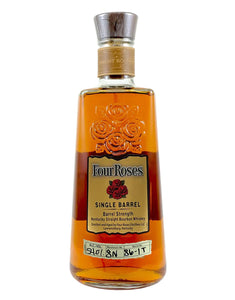 Four Roses Private Barrel Selection Barrel Strength OESO 55.4% a clear square rounded bottle with four roses engraved on the glass with a yellow label with a leather necker and wooden top