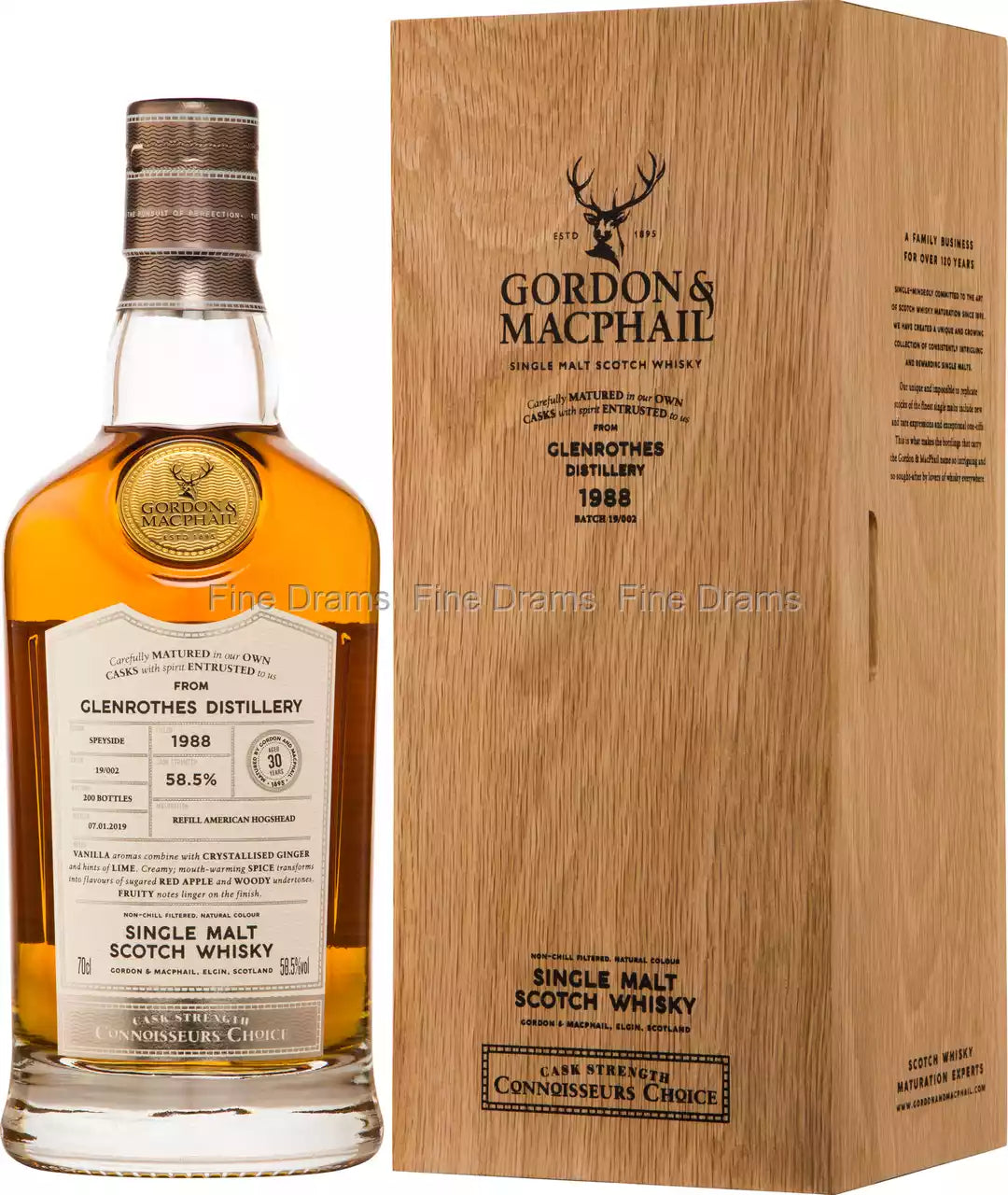 Gordon & MacPhail - Glenrothes 30 Year Old 1988 Connoisseurs Choice a round shouldered short necked clear bottle with a white label next to a tall wooden box