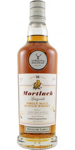 Gordon & MacPhail Mortlach 25 Year Old a tall clear bottle with a white label and white circular emblem and white top