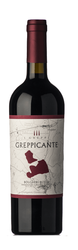 Greppicante 750mL a tall dark wine bottle with a white label and maroon top