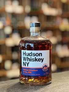 Hudson Bright Lights Big Bourbon Mets Edition 750mL a small short squat rounded clear glass bottle with a white, blue, and orange label on it sporting the great New York Mets emblem with a black top