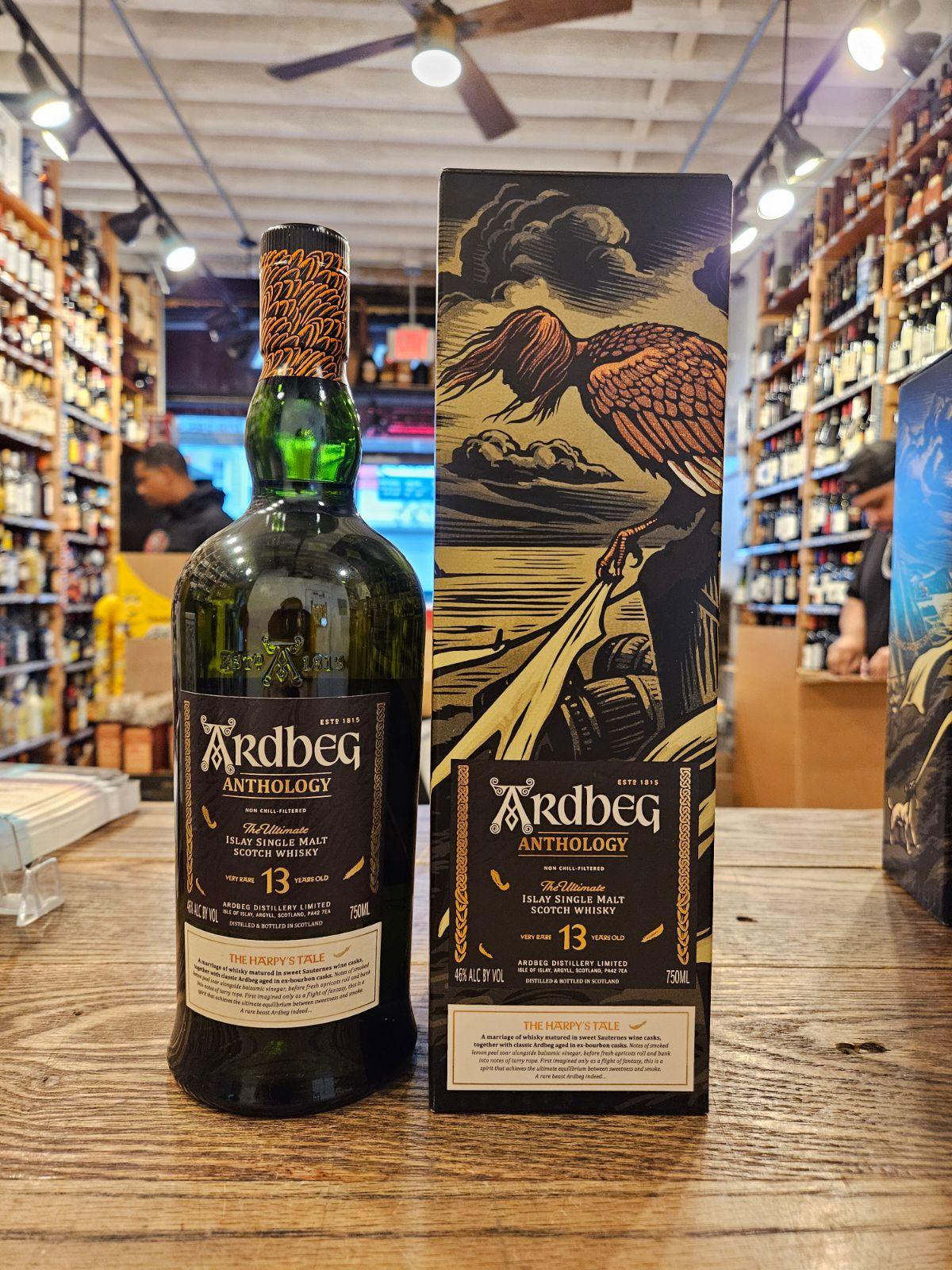 Ardbeg Anthology: The Harpy's Tale 750mL dark green bottle with a black label next to a dark box