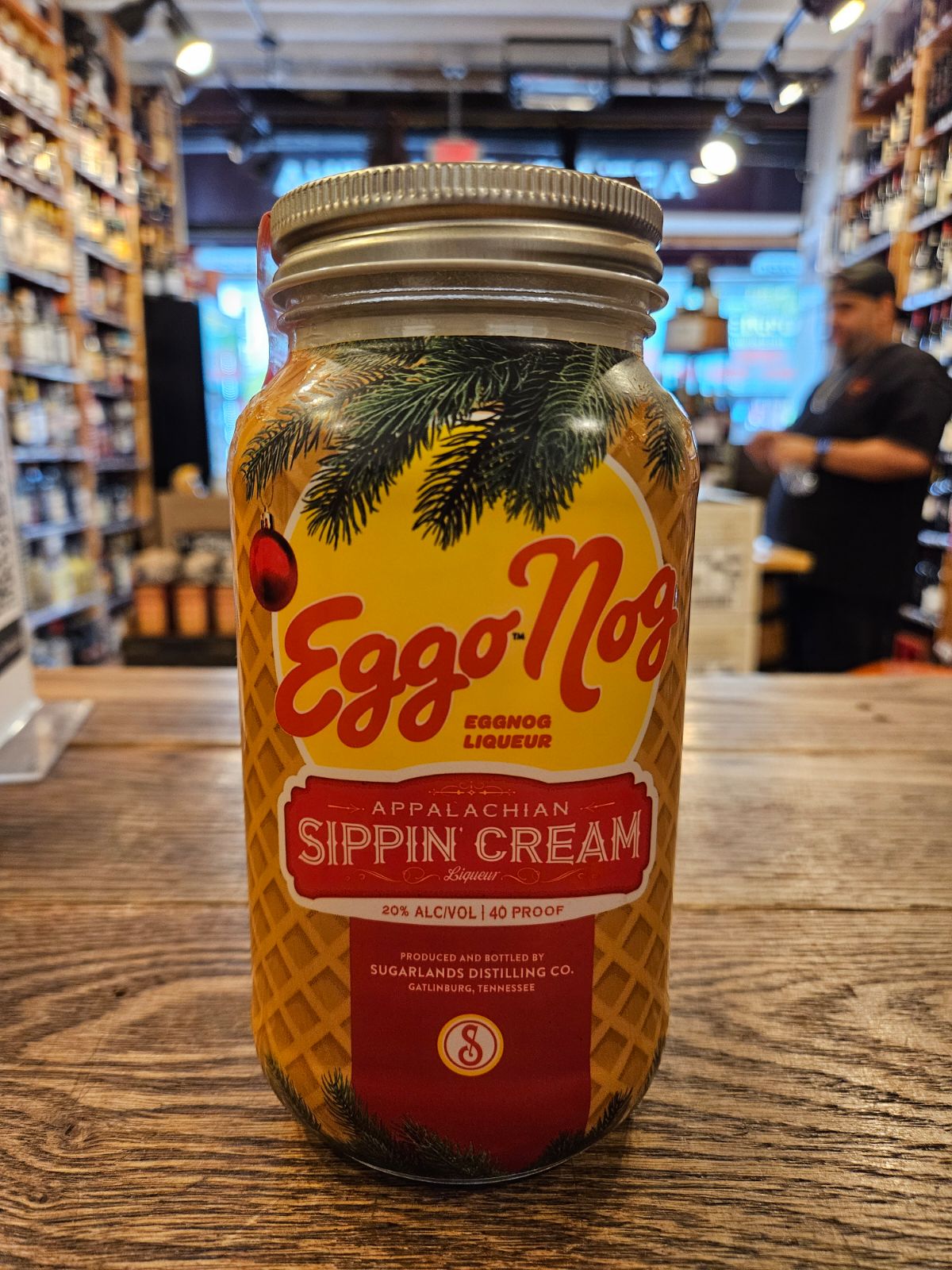 Kellog Eggo Nog Appalachian Sippin’ Cream 750mL a mason jar with a label of a waffle on it