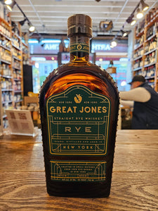 Great Jones Rye 750mL a dark flat and high rounded bottle with a green and gold label