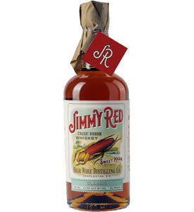 Jimmy Red Bourbon 750mL clear glass high rounded shouldered bottle with a white label and a paper topper.