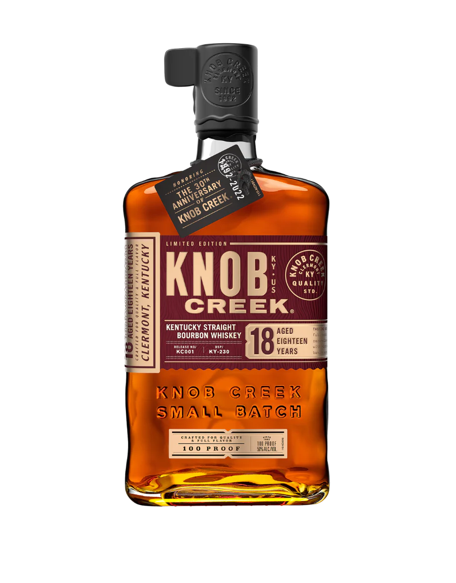 Knob Creek Small Batch Limited Edition 18 Year Old Straight Bourbon 750mL a square flat faced clear glass bottle with a maroon label and a black top