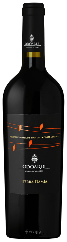 Odoardi Terra Tamia 750mL a dark glass wine bottle with a black and orang label of birds sitting on a wire and a black top